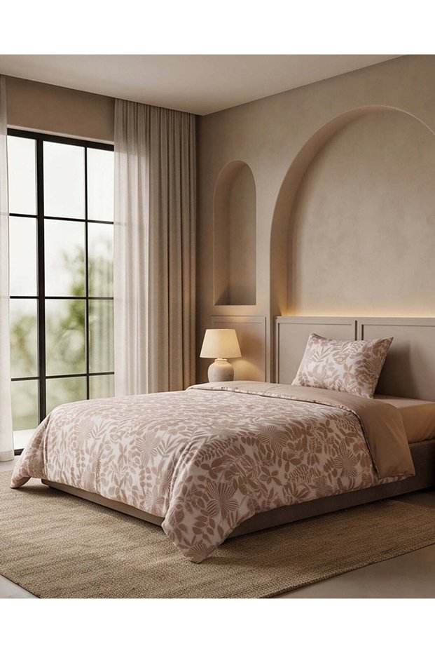 Beige 3 Piece Floral Printed Comforter Set (Twin Size)