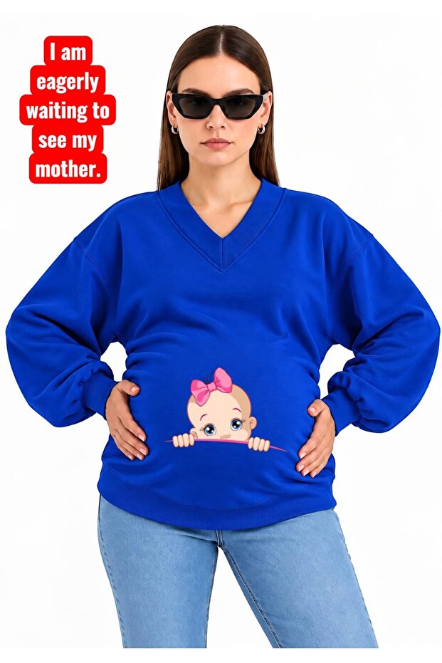 3 Yarn Combed Cotton Printed Maternity V-Neck Sweatshirt Jr1