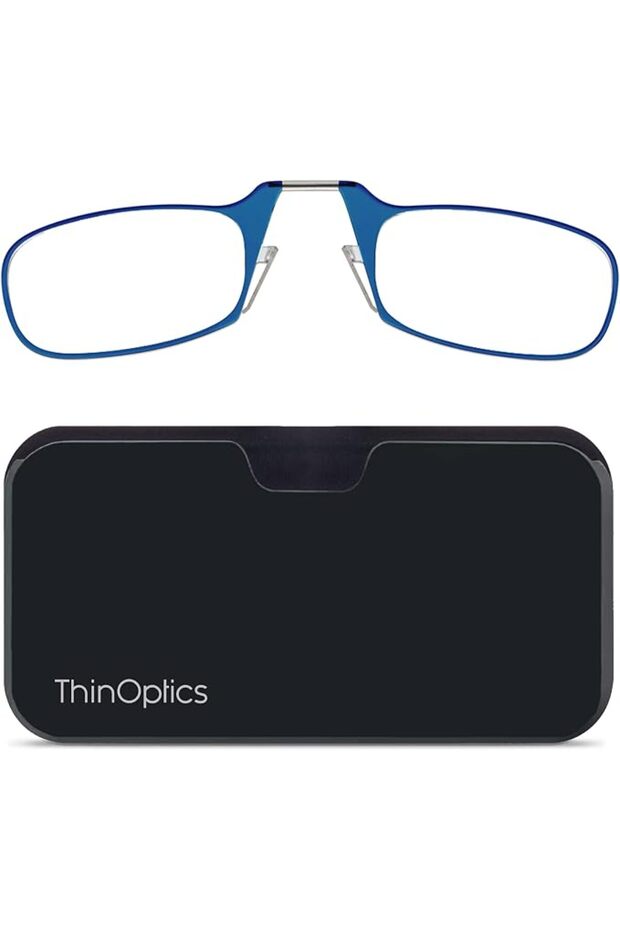 نظارات القراءة المستطيلة ThinOptics Universal Pod، إطارات زرقاء/حافظة سوداء، 1 ×