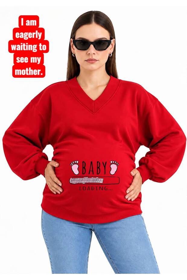 3 Yarn Combed Cotton Baby Loadi̇ng Printed Pregnant V-Neck Sweatshirt Jr2