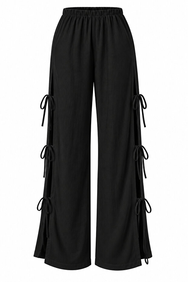 Black Side Slit Trousers with Tie Detail - 2Y3528