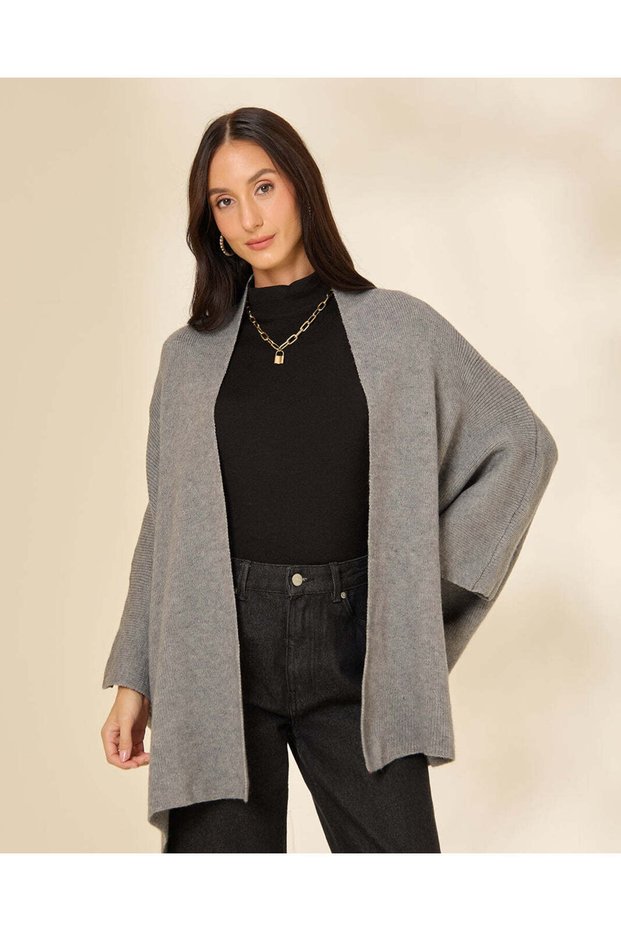 Women Grey Open-Front Knit Cardigan With Wide Sleeves