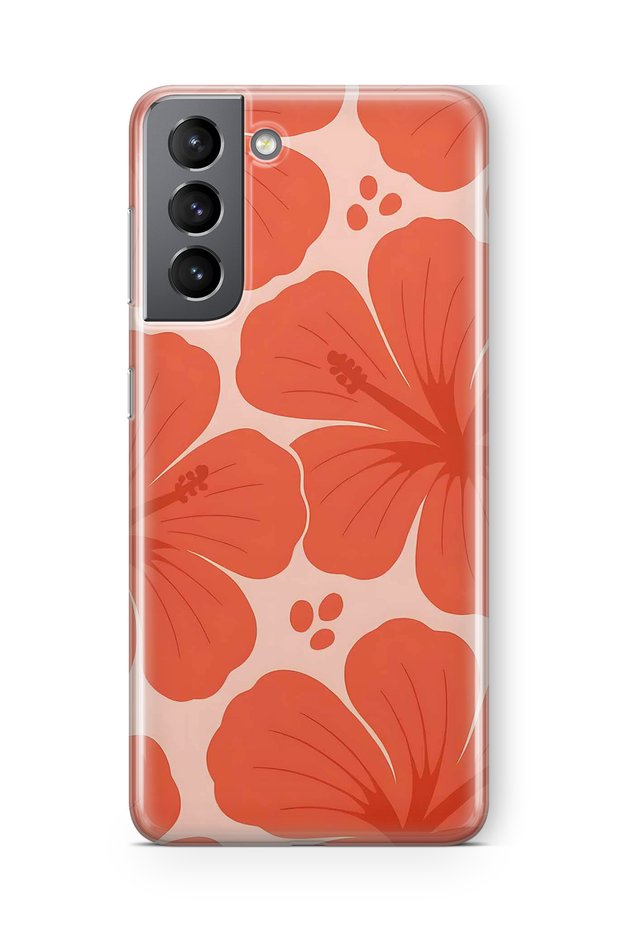Samsung Galaxy S22 Compatible Orange Hibiscus Flower Pattern Transparent Phone Case