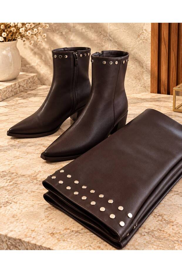 Women's Bitter Brown Matte Leather Boots with Removable Accessories, Side Zipper, Studded Pointed Toe Boots