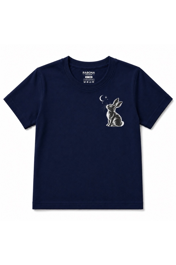 Moonlit Bunny Crescent & Stars Graphic Kids T-Shirt