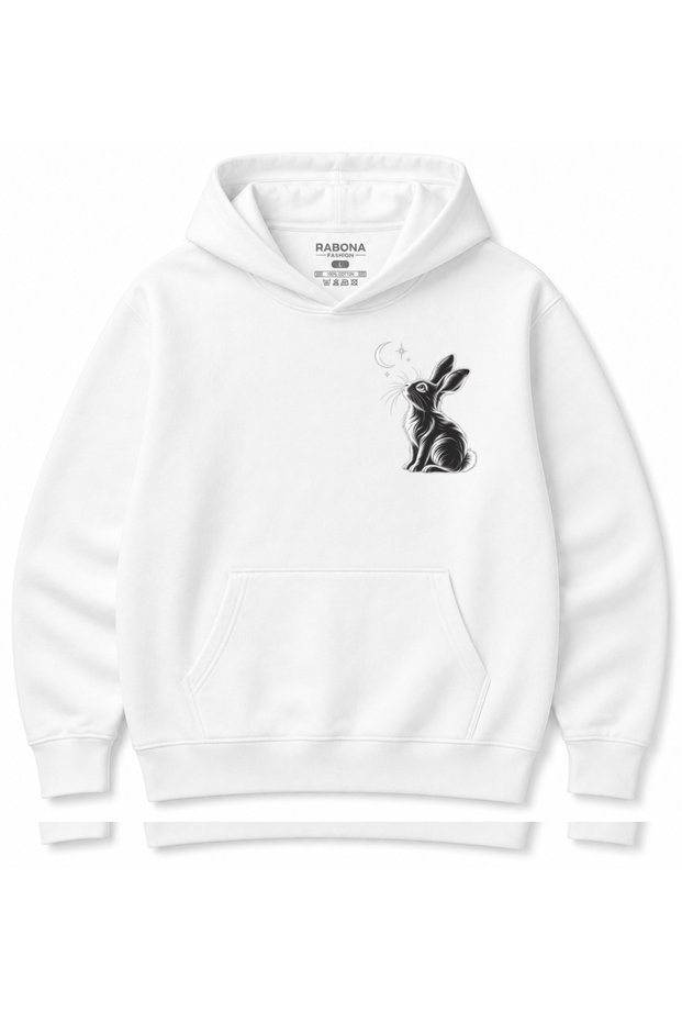 Moonlit Bunny Crescent & Stars Graphic Hoodie