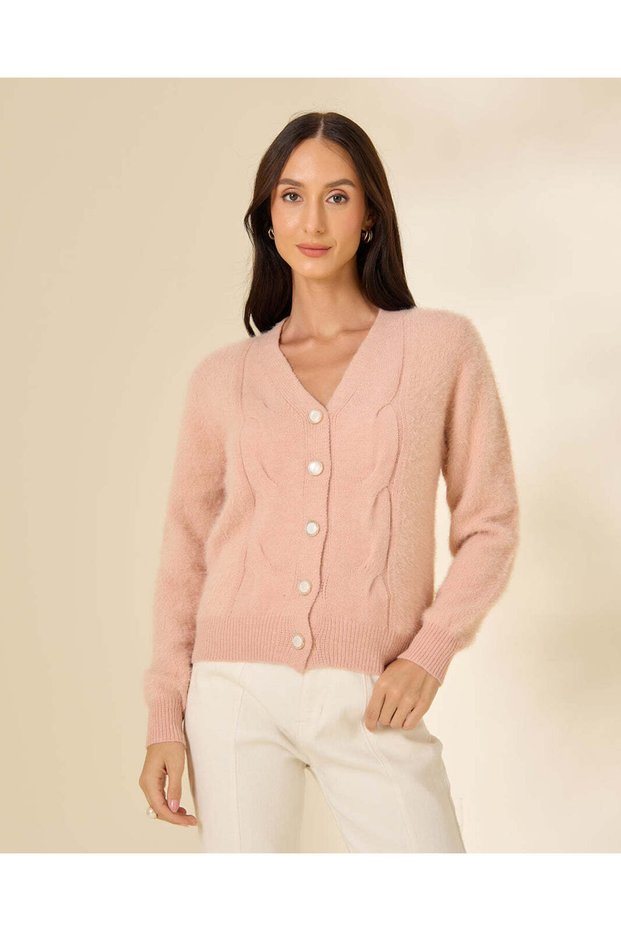 Women Pink Knitted Button Front V-Neck Sweater
