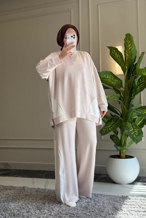 6686 - Stylish, Comfortable, Loose-Fitting Viscose Soft Modal Fabric Zipper Detailed Peach Fabric Garnished Women's Suit