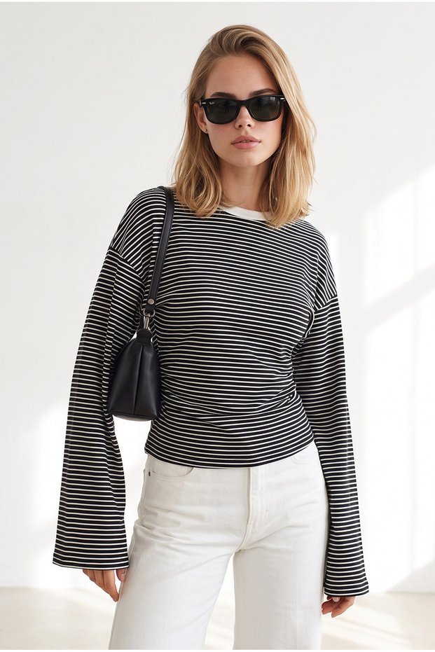 Women's Black Crew Neck Striped Spanish Sleeve Cotton Blouse Blz-19003475