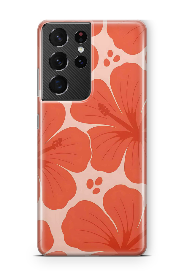 Samsung Galaxy S21 Ultra Compatible Orange Hibiscus Flower Pattern Transparent Phone Case