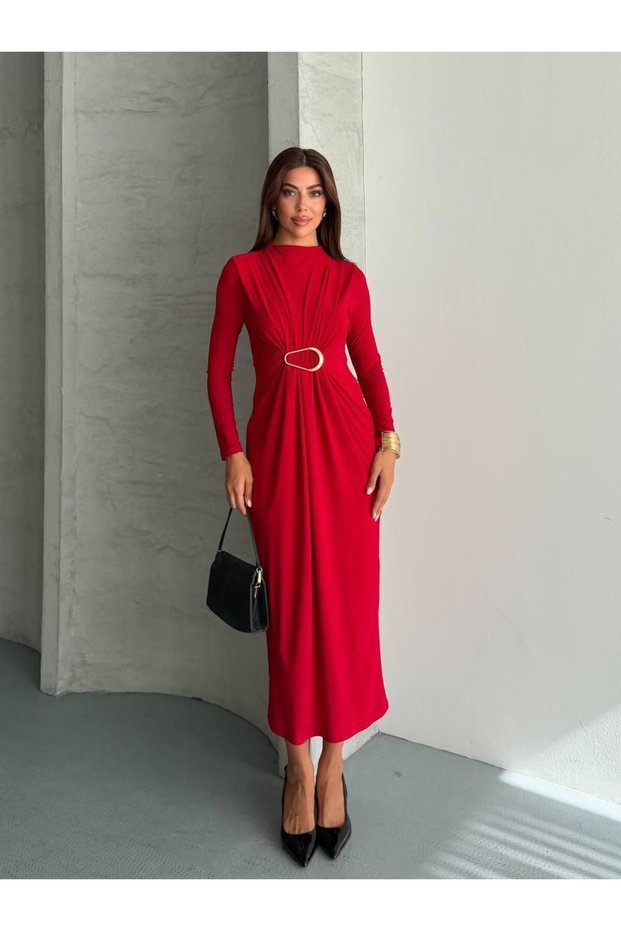 Women's Long Sleeve Belted Draped Midi Dress – Stylish and Elegant Casual Dress