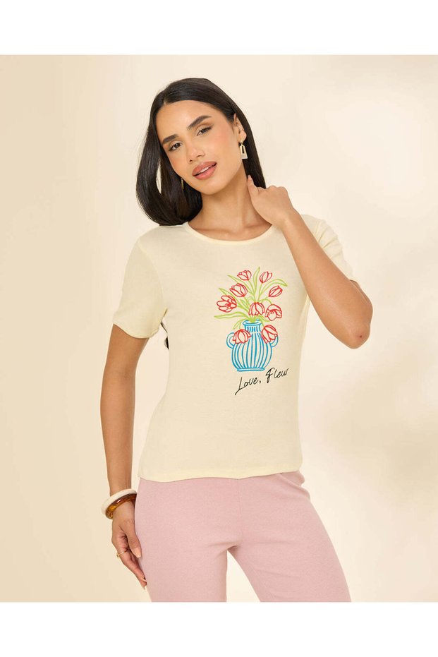 Women Cream Printed Ribbed T-Shirt