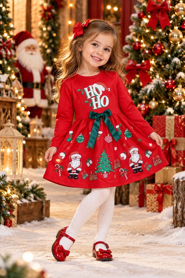 Girl's Christmas Dress with Bow, Long Sleeves, Waist Cutout, Pleated Skirt New Season