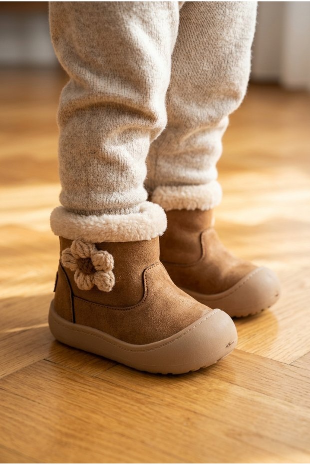Flower Detailed Orthopedic Fur Warm Lining First Step Baby Boots