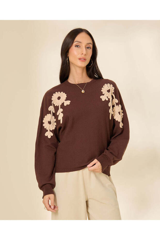 Women Brown Sweater With Floral Embroidery