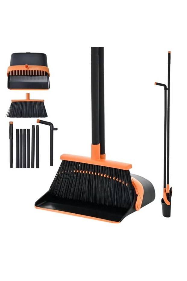 Broom and Dustpan Set, Cleaning Supplies Broom and Dustpan Set for Home, Long Stainless Steel Handle Brooms with Upright Dustpan Combo Set for Home Office Kitchen Lobby Floor Cleaning