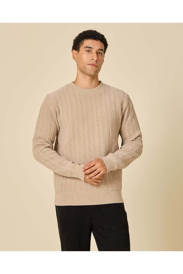 Men Beige Cable-Knit Crewneck Sweater