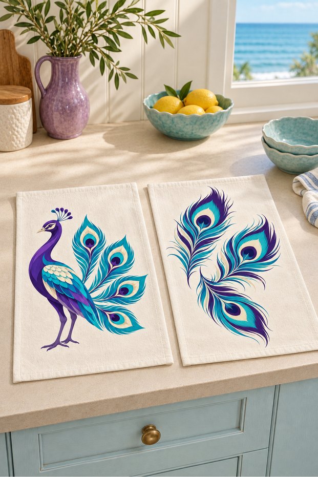 Peacock Jewel Purple Turquoise Peacock and Feather Pattern 2-Piece Kitchen Towel Set 35X55