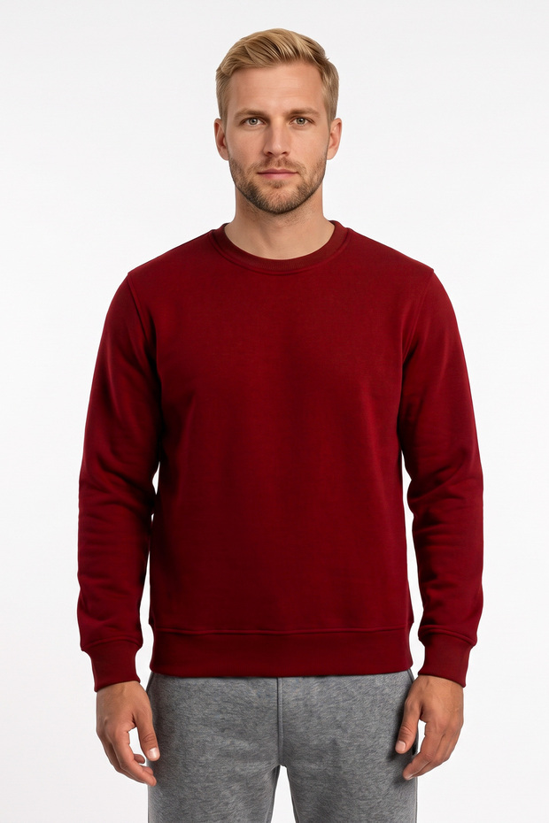 Men's Baxter Three-Thread, Shaped, Thick, Regular Cut, O-Neck, Unprinted Plain Cotton Sweatshirt Bordo