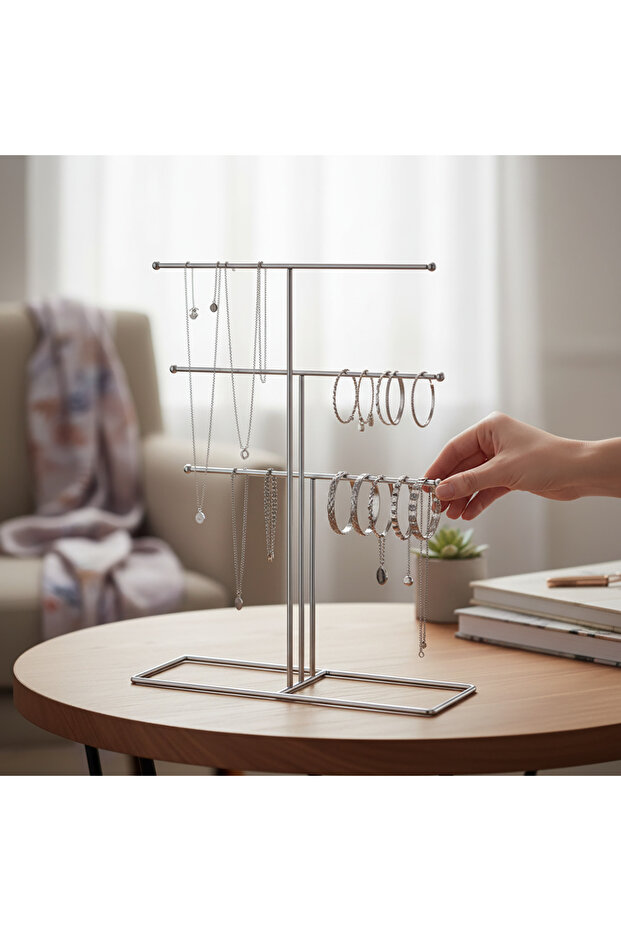 Metal Jewelry Stand Silver – Desktop Necklace Earring Bracelet Hanger Ring Organizer (Model 3)