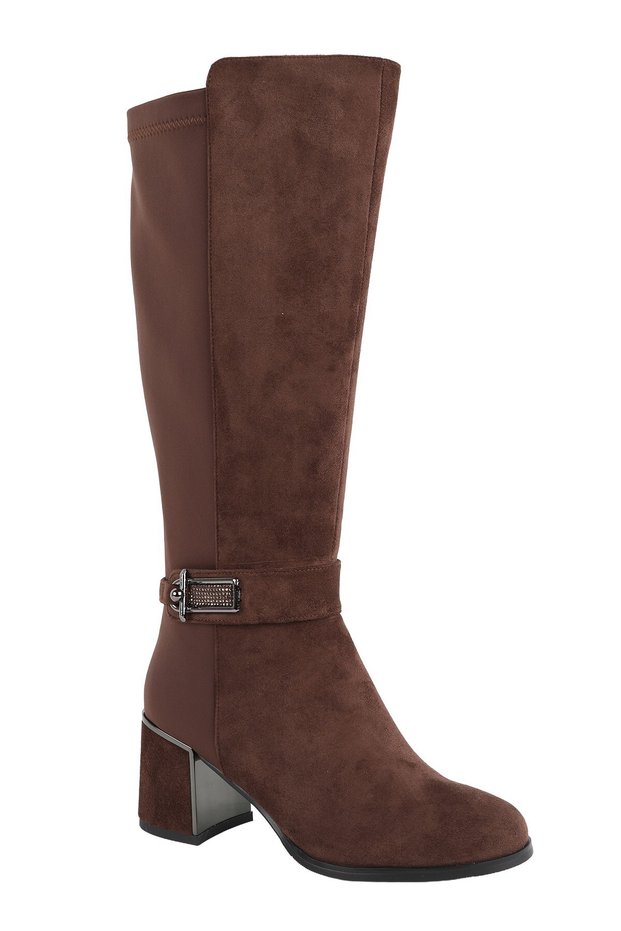 Women's Boots K26-0142 Brown Suede with Flexible Back, Stretch Fabric, Metal Buckle, Mirrored Thick Sole