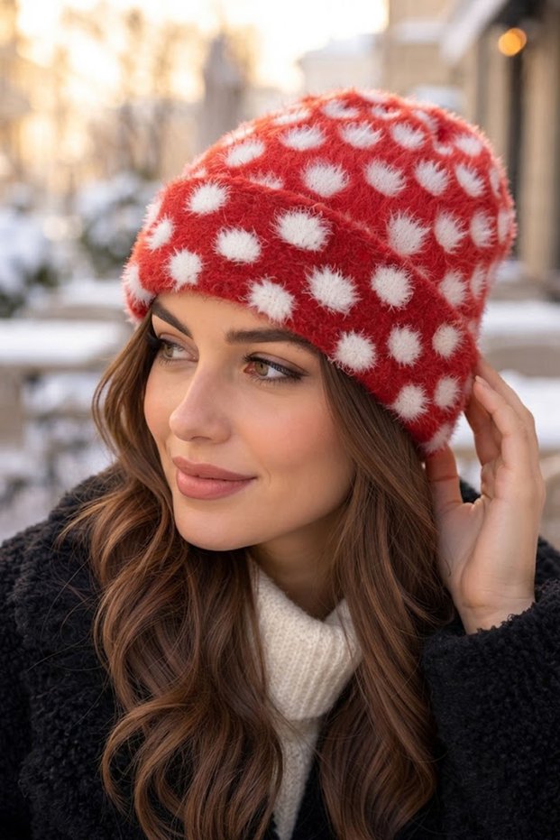 Women's Polka Dot Soft Plush Beanie Soft Textured Folded Winter Snow Beanie