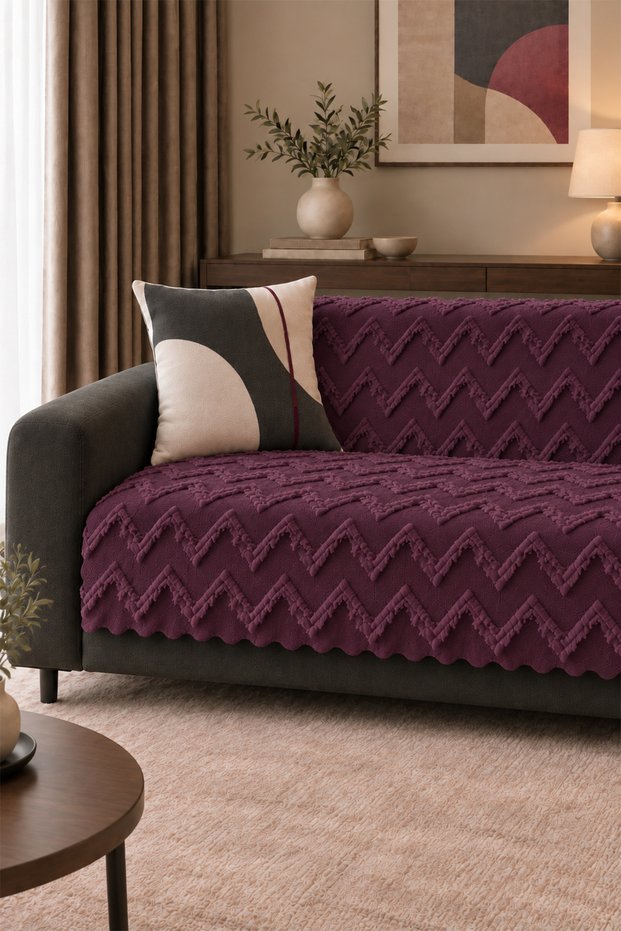Chenille Sofa Cover 175X210 cm Plum Zigzag Patterned Bearded Sofa Bed Cover