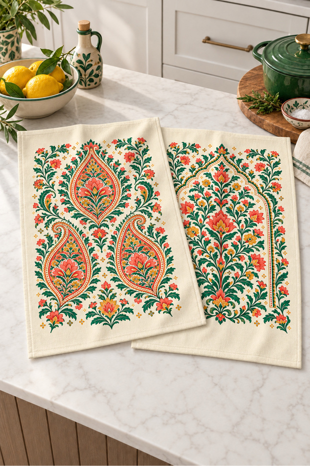 Paisley Garden Shawl and Floral Patterned Kitchen Towel Set of 2 35X55