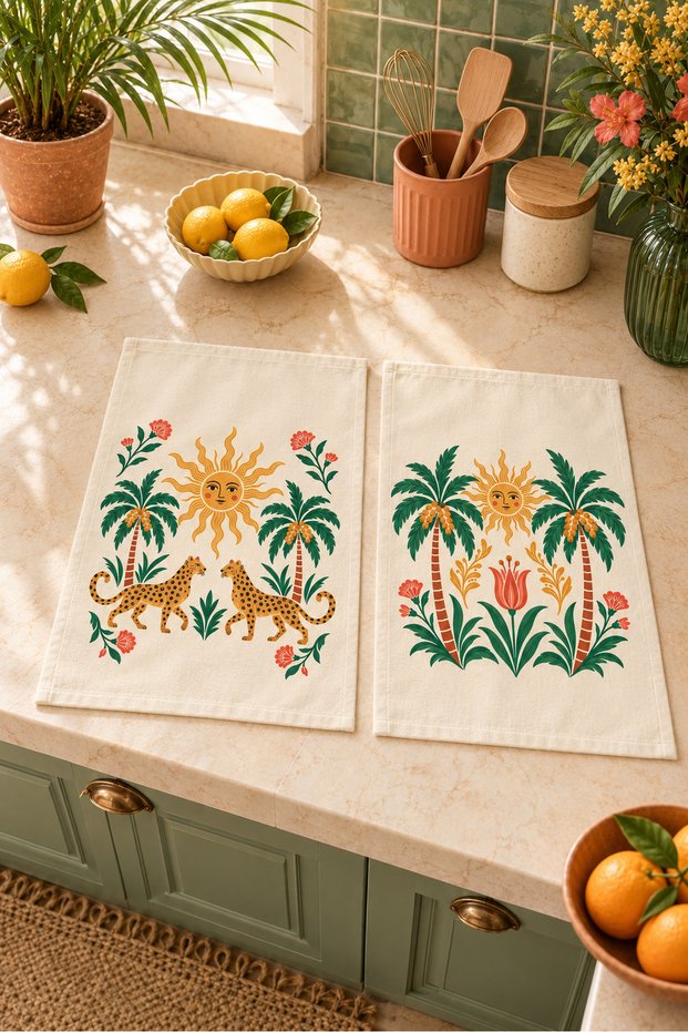 Sun Courtyard Cream Leopard Palm and Sun Patterned 2-Piece Kitchen Towel Set 35X55