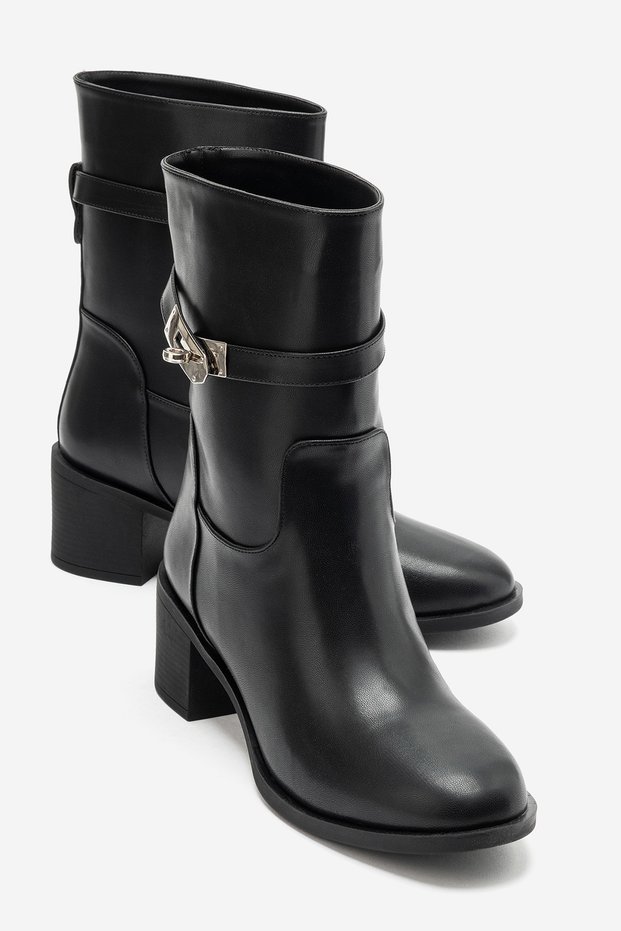 Parker Black Leather Buckle Thick Heeled Women's Boots