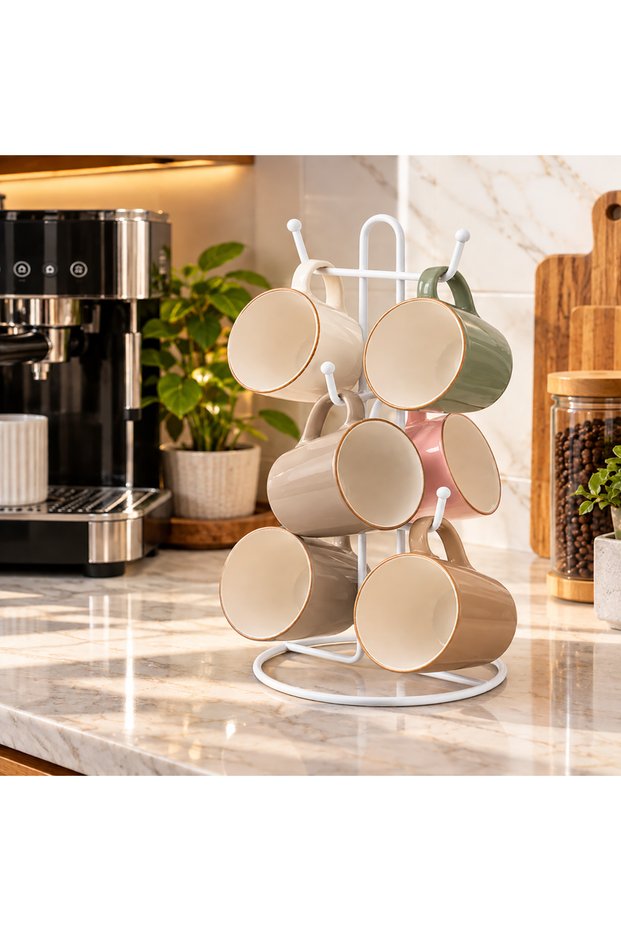 Countertop Metal Mug and Cup Hanger Rack with 6 Hooks White Cup Stand Kitchen Organizer