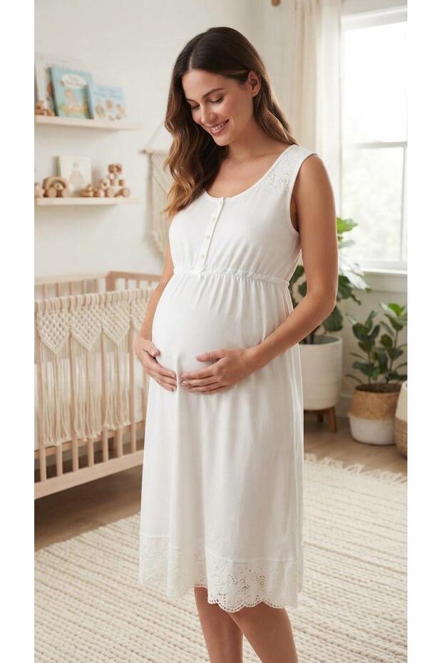 Rm 15206 Ecru Scalloped Half Buttoned Strap Maternity Nightgown