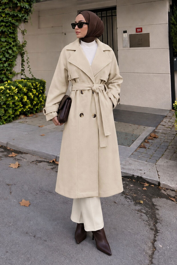 Belted Shoulder Pad Detailed Cashmere Coat Tsd260317 Beige
