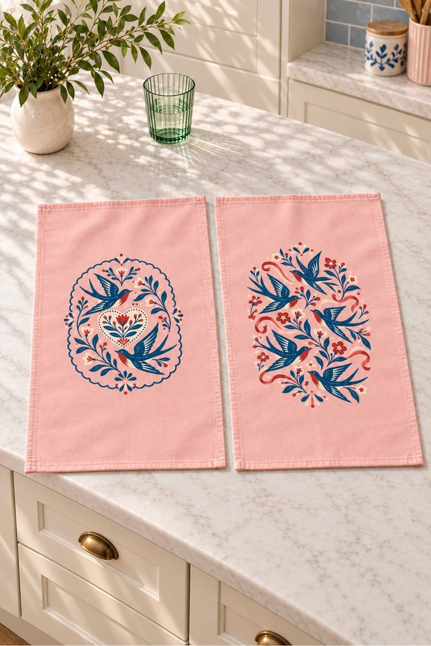 Swallow Post Office Swallow and Flower Patterned 2-Piece Kitchen Towel Set 35X55