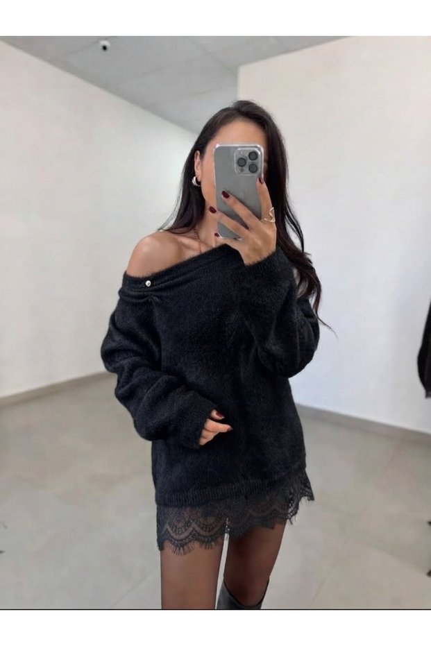 Women's Collar, Lace and Pearl Detailed Lotte Soft Knitwear Sweater