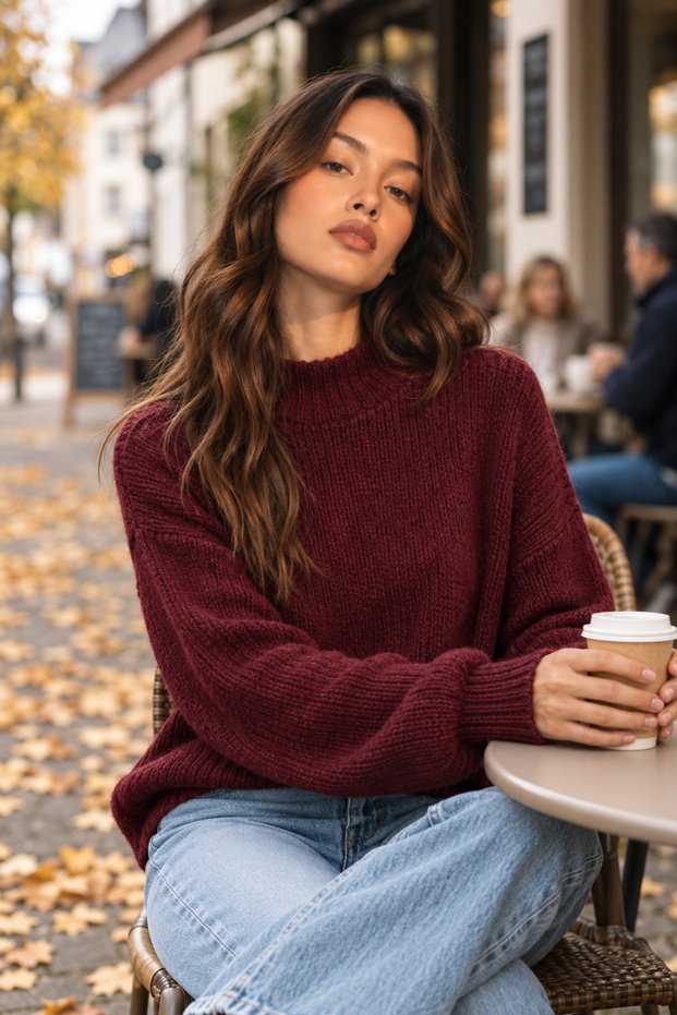 6701 Women's Soft Textured Crew Neck Oversize Knitwear Sweater Claret Red