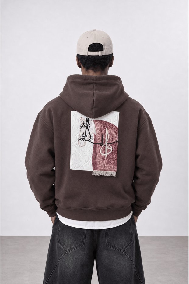 Men's Horse Patch Detailed Oversize Hoodie Brown