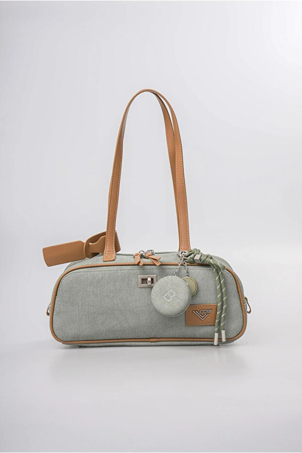 Women's Shoulder Bag with Mirror Charm Accessory, Zippered Textured Baguette Bag Green 18346