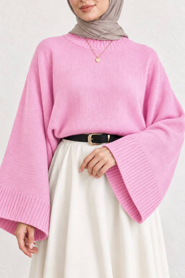 Women's Crew Neck Oversize Wide Sleeve Knitwear Sweater