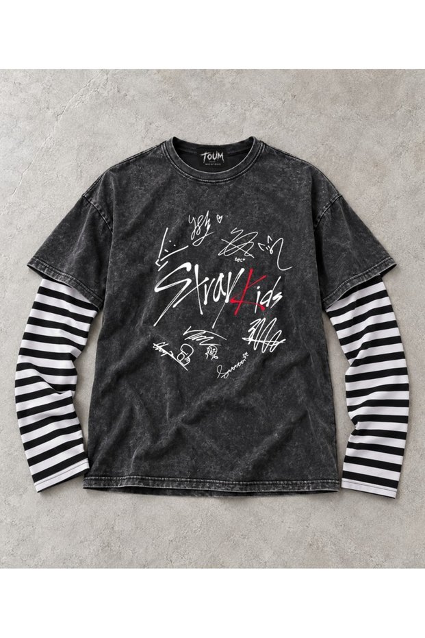 Stray Kids Skz Printed Striped Sleeve Unisex Washable Vintage Oversize T-Shirt