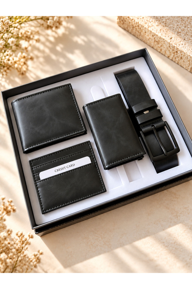 Men's Wallet, Belt, Card Holder and Mechanism Wallet Set, Boxed, Stylish Gift Set, Black Color