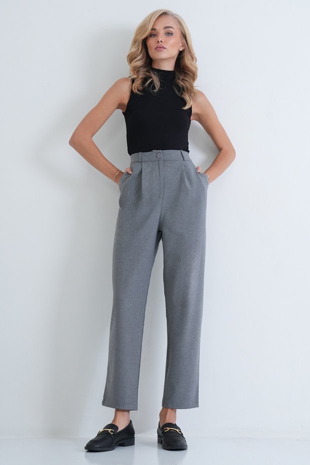 Women's Gray Elastic Waist Pleated Carrot Cut Double Pocket Trousers Alc-X15614