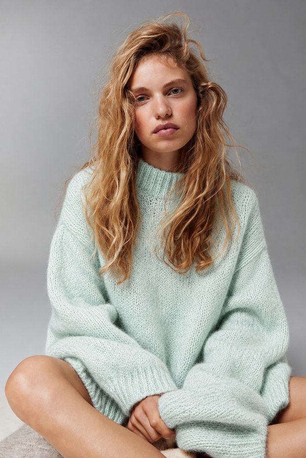 6701 Women's Soft Textured Crew Neck Oversize Knitwear Sweater Mint