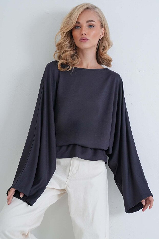 Women's Anthracite Boat Neck Bat Sleeve Blouse with Elastic Waist Alc-X15913