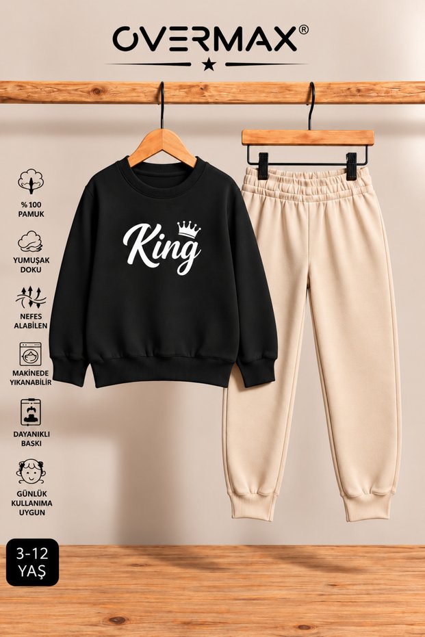 King Printed Kids' Tracksuit Set – Hoodless Sweatshirt & Sweatpants
