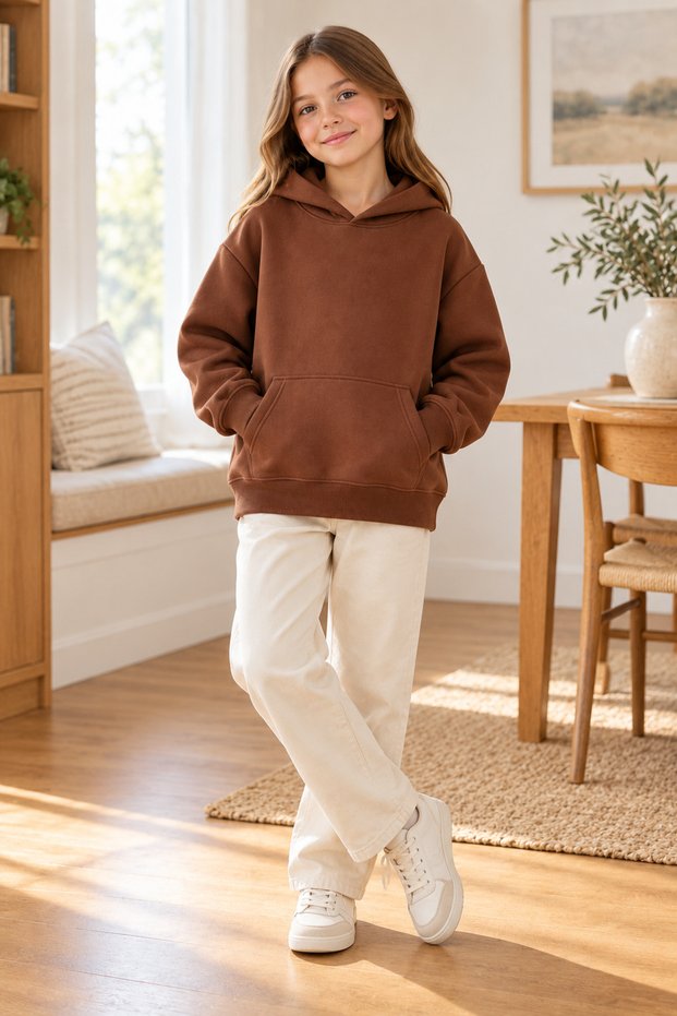 Girls' and Boys' Brown Sweatshirt with Hood and Ribbon, 3 Yarns, Ages 3-13
