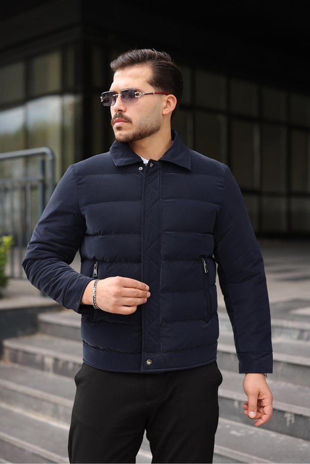 Men's Premium Nova Fabric Shirt Collar Navy Blue Winter Puffer Coat