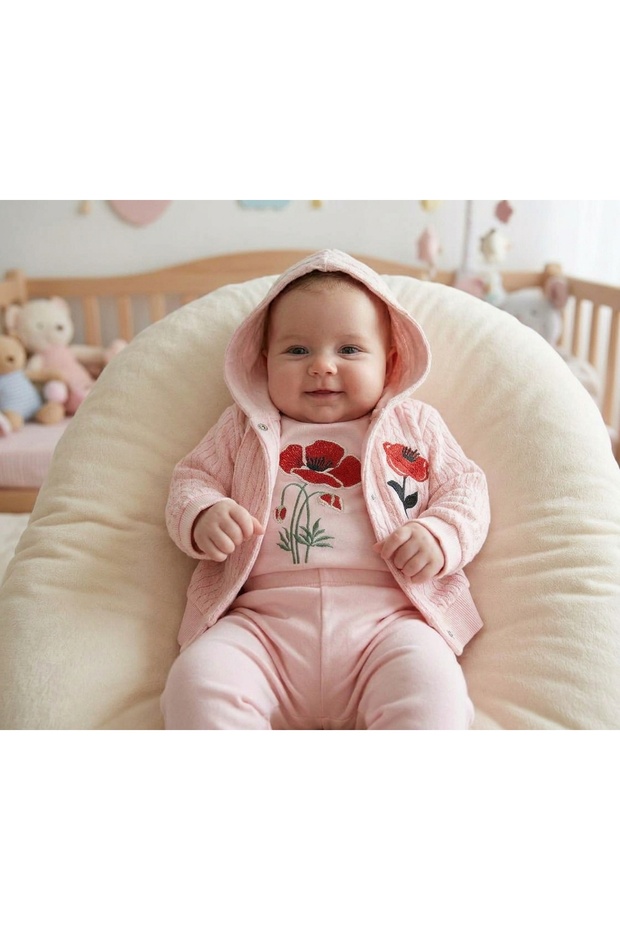 Baby Girl 0-3 Months 100% Cotton Rose Embroidered Premium Quality Hooded 3-Piece Set