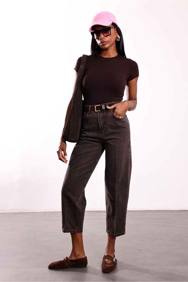 Washable Brown Belted Baggy Jean 3010