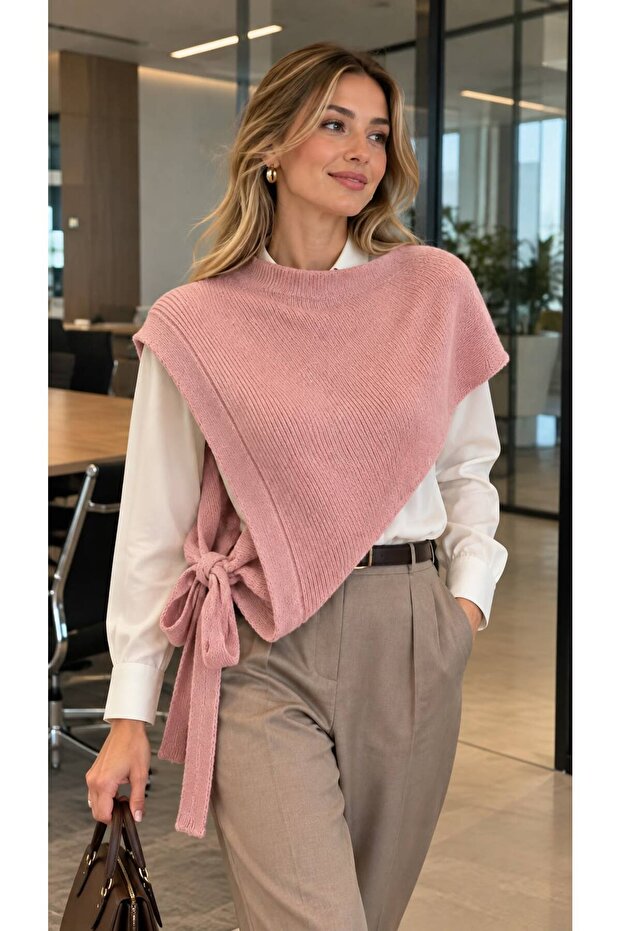 Pink Knitwear Asymmetrical Women's Shoulder Shawl with Neck Loop